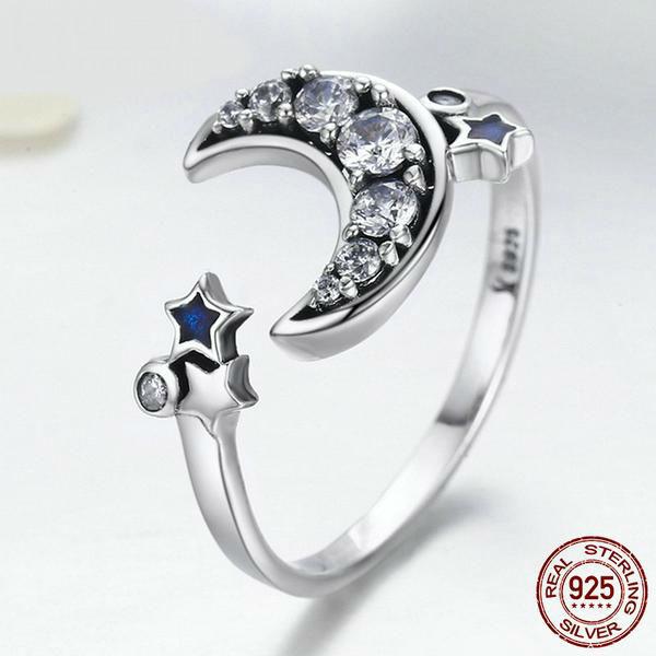 Dazzling Silver Crescent Moon & Star Ring