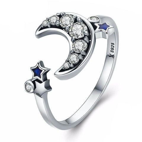 Dazzling Silver Crescent Moon & Star Ring