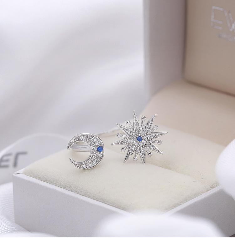 Silver Rhinestones Moon & Star Ring