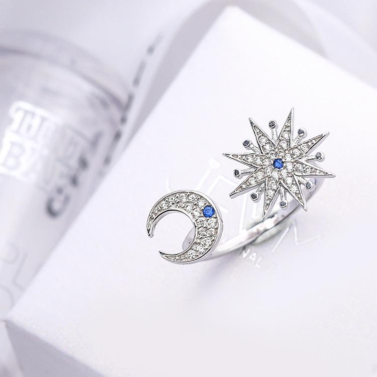 Silver Rhinestones Moon & Star Ring