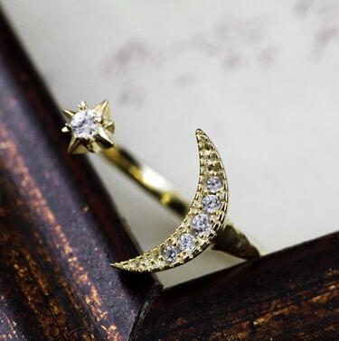 Rhinestone Moon & Star Finger Ring
